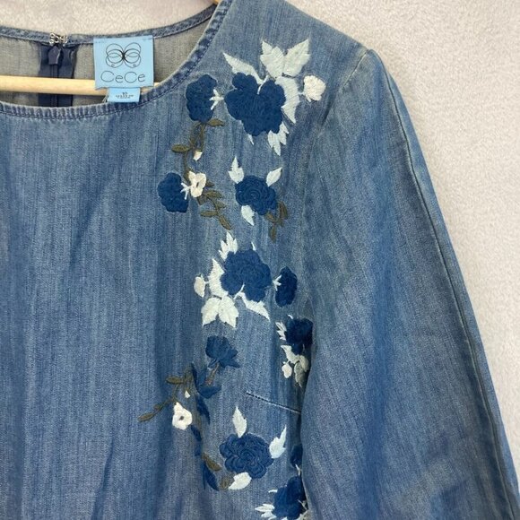 CECE Den Embroidered 3/4 Sleeve Chambray Shift Dress Size 10 Floral Boxy Denim - Picture 9 of 15